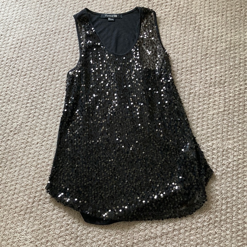 Small gently worn semi sheer black sequin tank top